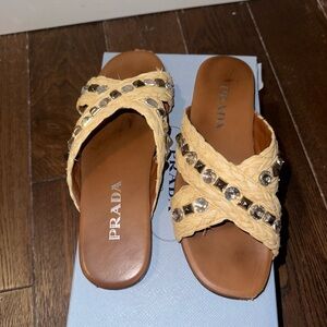 Prada Tan Raffia Crystal-Cross Slide Sandals